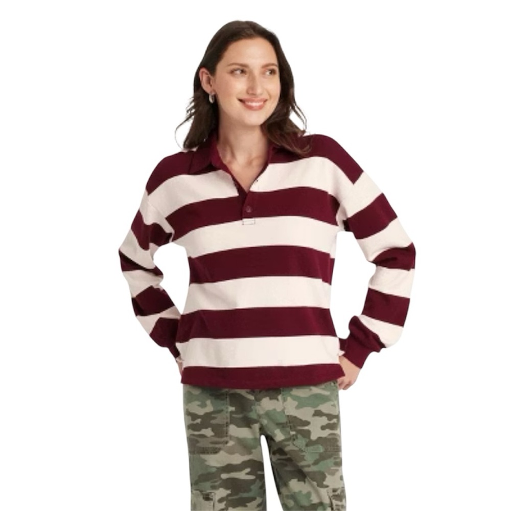 Universal Thread Maroon Striped Women’s Long Sleeve Polo Shirt - Picture 5 of 5